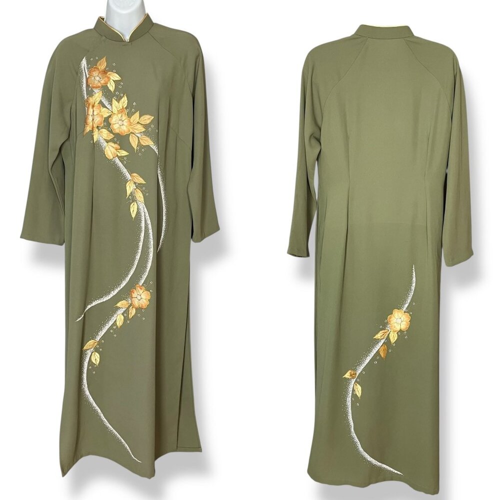 Ao Dai Dress Vietnamese Painted Floral Green Gold Women Long Sleeve‎ Nature